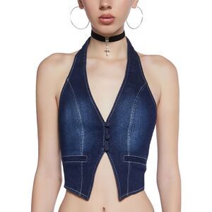 BNWT Dark Blue Denim White Contrast Stitch Backless Halter Vest M